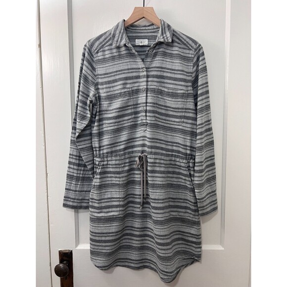 Lou & Grey Long Sleeve Gray Stripe Flannel Drawstring Dress Women's Size S - Picture 1 of 9